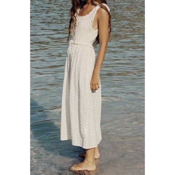 Zara Dresses & Skirts - Zara Maxi Dress Women's M/L Cream Ivory Crochet Top Eyelet Skirt Cap Sleeve Boho